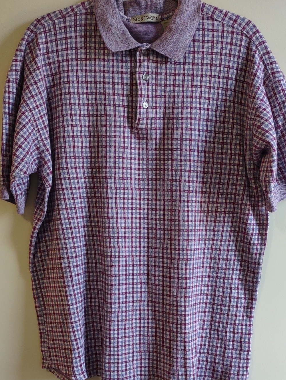 Stone Work Vintage Plaid Polo Shirt Maroon Purple Grey Checkered Size Medium